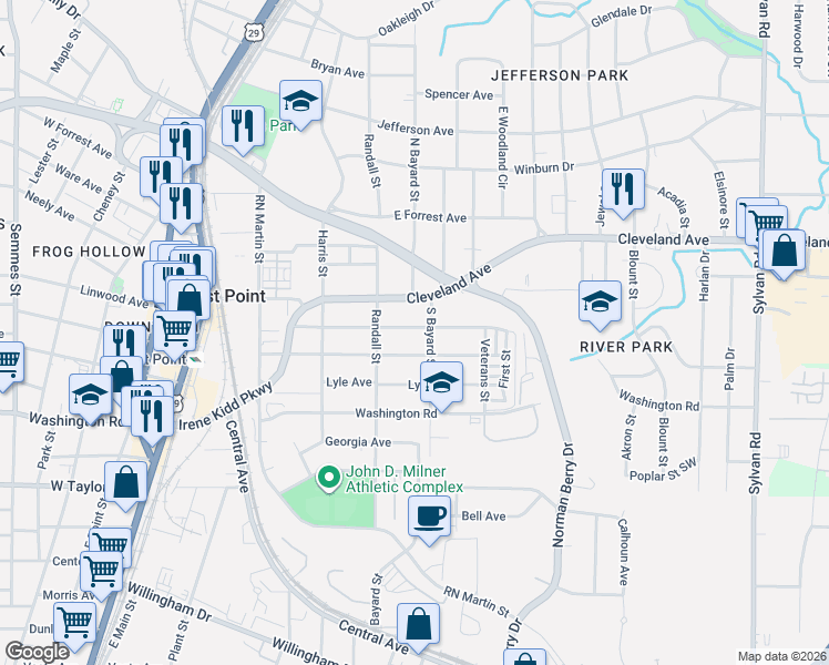 map of restaurants, bars, coffee shops, grocery stores, and more near 1315 Gus Thornhill in East Point