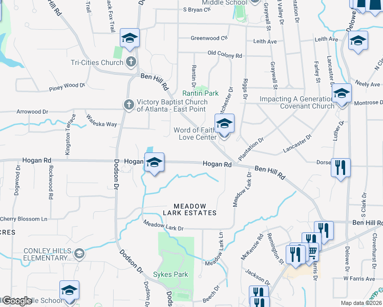 map of restaurants, bars, coffee shops, grocery stores, and more near 2525 Hogan Road in East Point