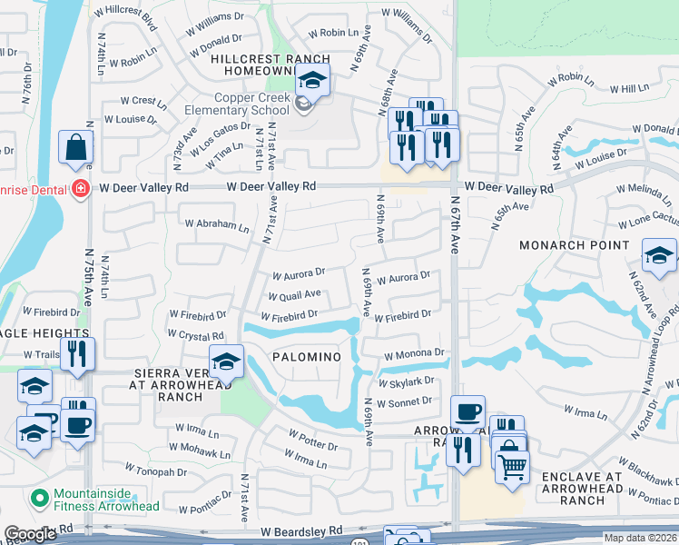 map of restaurants, bars, coffee shops, grocery stores, and more near 6974 West Quail Avenue in Glendale