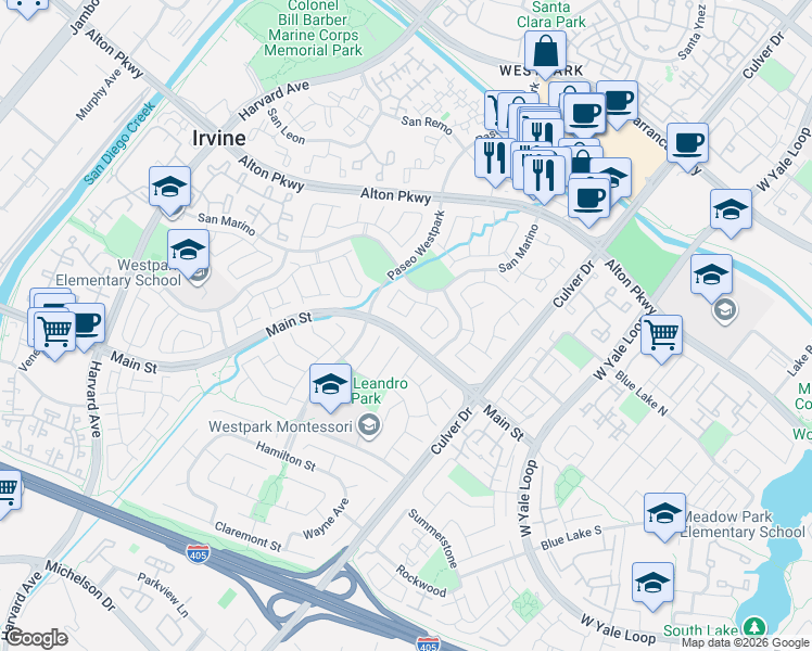 map of restaurants, bars, coffee shops, grocery stores, and more near 4 Del Livorno in Irvine