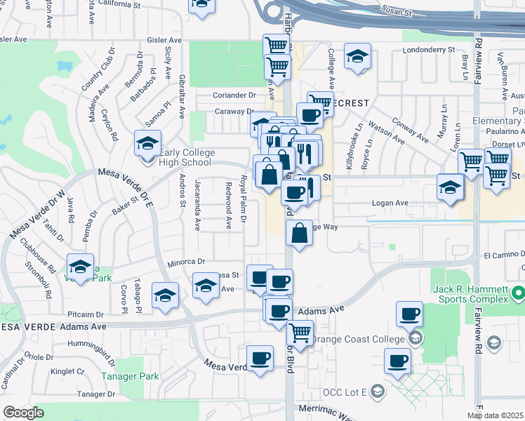 map of restaurants, bars, coffee shops, grocery stores, and more near 2940 Peppertree Lane in Costa Mesa