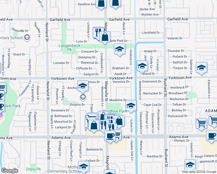 map of restaurants, bars, coffee shops, grocery stores, and more near 19602 Roderick Lane in Huntington Beach