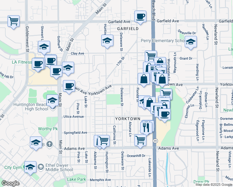 map of restaurants, bars, coffee shops, grocery stores, and more near 2318 Huntington Street in Huntington Beach