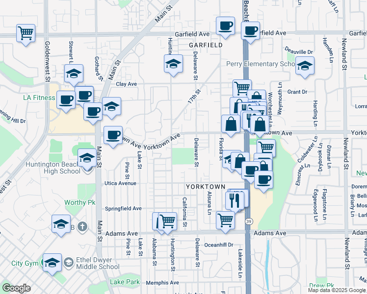 map of restaurants, bars, coffee shops, grocery stores, and more near 2318 Huntington Street in Huntington Beach
