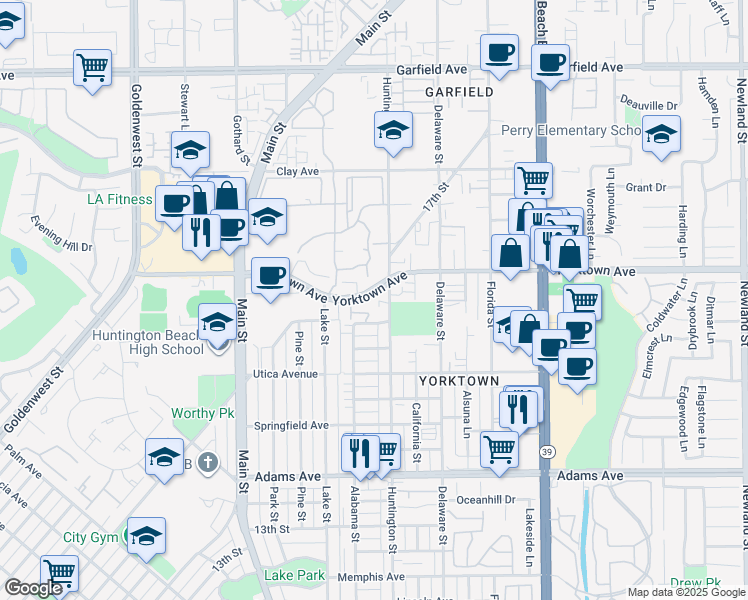 map of restaurants, bars, coffee shops, grocery stores, and more near 2323 Huntington Street in Huntington Beach