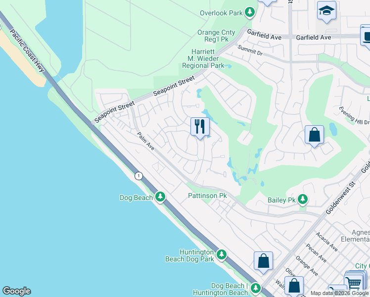 map of restaurants, bars, coffee shops, grocery stores, and more near 6132 Eaglecrest Drive in Huntington Beach