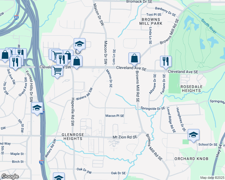 map of restaurants, bars, coffee shops, grocery stores, and more near 2800 Macon Drive Southeast in Atlanta