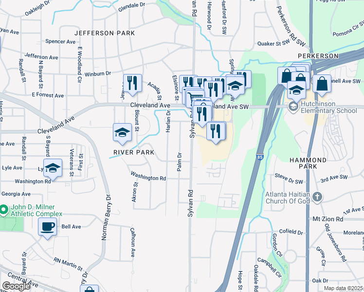 map of restaurants, bars, coffee shops, grocery stores, and more near 2827 Palm Drive in East Point
