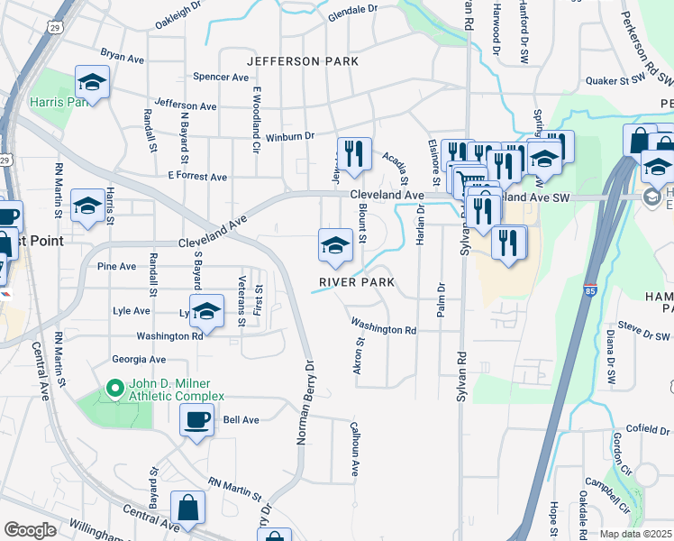 map of restaurants, bars, coffee shops, grocery stores, and more near 2809 Blount Street in East Point