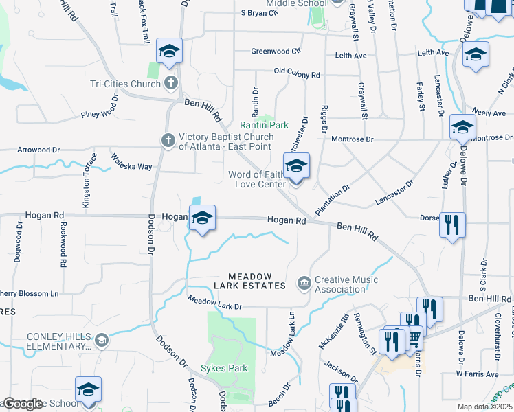 map of restaurants, bars, coffee shops, grocery stores, and more near 2525 Hogan Road in East Point