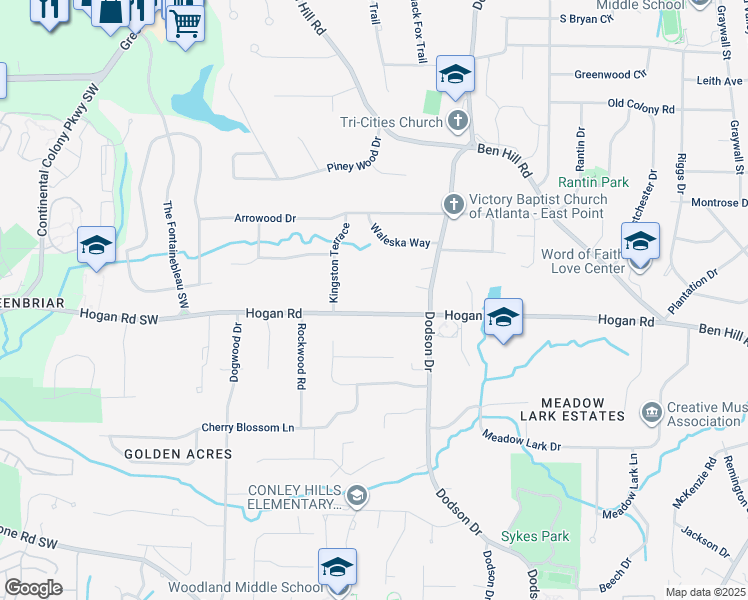 map of restaurants, bars, coffee shops, grocery stores, and more near 2775 Hogan Road in East Point