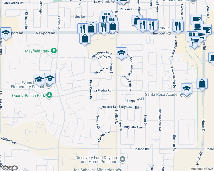 map of restaurants, bars, coffee shops, grocery stores, and more near 30458 Misty Creek Drive in Menifee