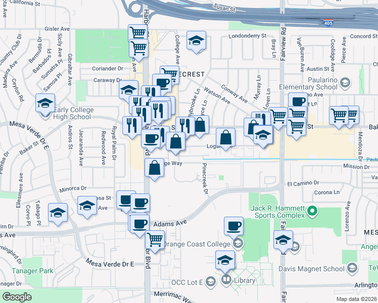 map of restaurants, bars, coffee shops, grocery stores, and more near 1380 Village Way in Costa Mesa