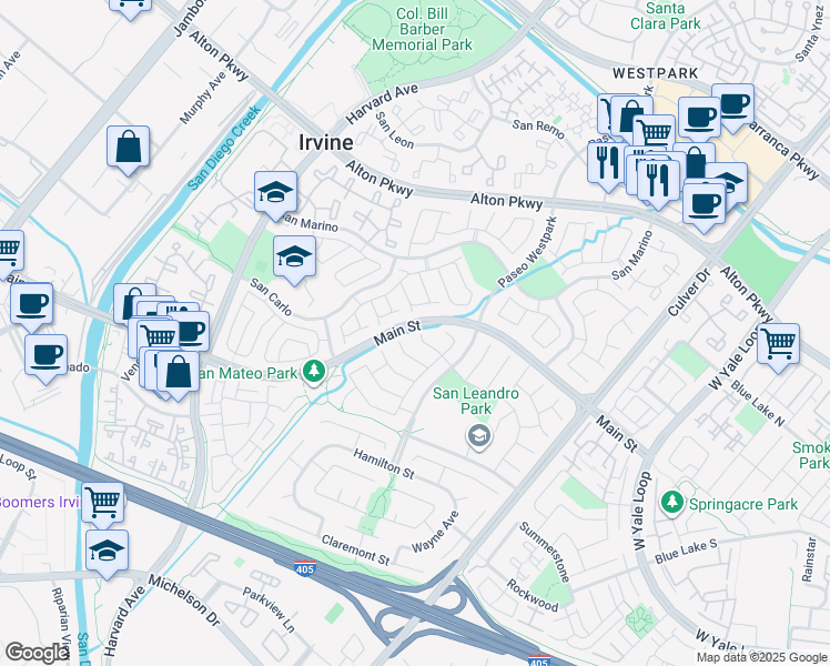 map of restaurants, bars, coffee shops, grocery stores, and more near 67 Barcelona in Irvine