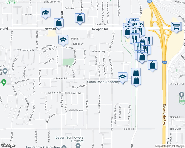 map of restaurants, bars, coffee shops, grocery stores, and more near 27310 Dover Road in Menifee