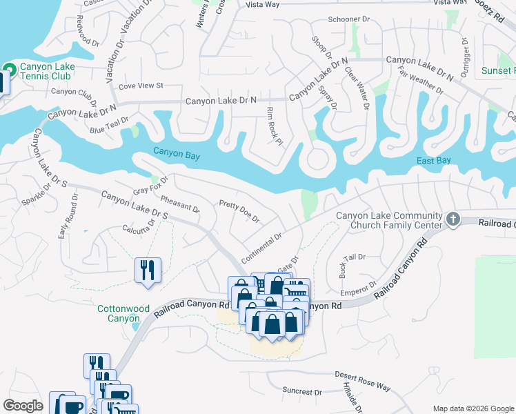 map of restaurants, bars, coffee shops, grocery stores, and more near 30517 Sparrow Hawk Drive in Canyon Lake