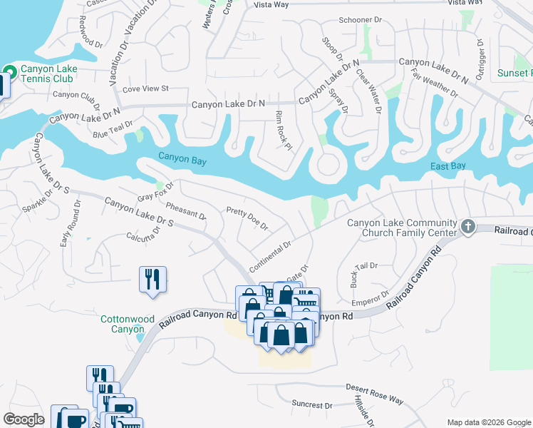 map of restaurants, bars, coffee shops, grocery stores, and more near 23221 Gray Fox Drive in Canyon Lake