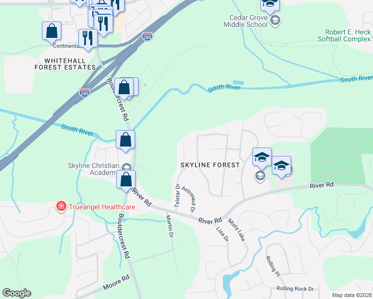 map of restaurants, bars, coffee shops, grocery stores, and more near 3584 Orbit Court in Ellenwood