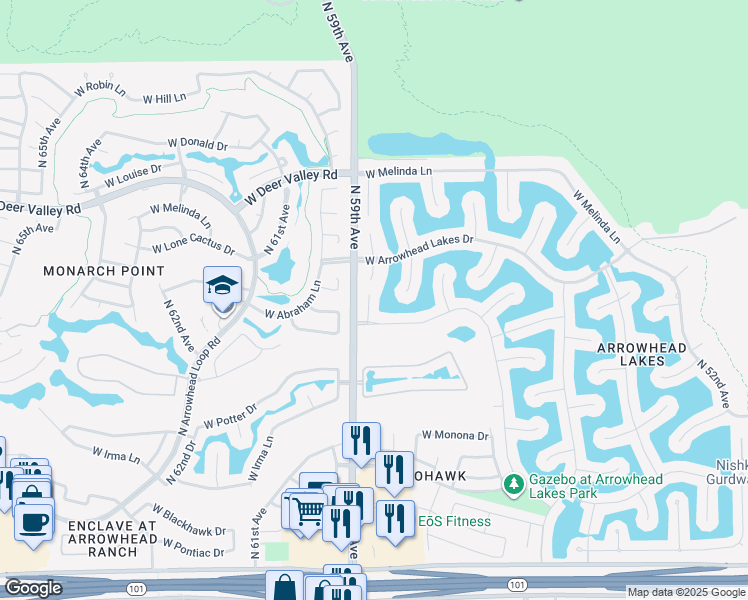 map of restaurants, bars, coffee shops, grocery stores, and more near 21510 North 58th Drive in Glendale
