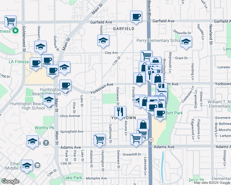 map of restaurants, bars, coffee shops, grocery stores, and more near 2319 Delaware Street in Huntington Beach