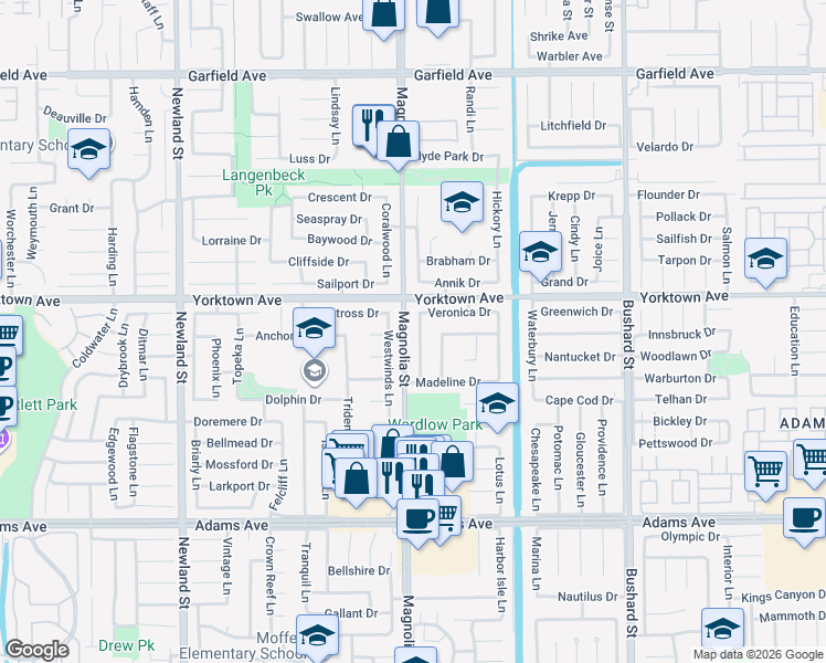 map of restaurants, bars, coffee shops, grocery stores, and more near 19602 Roderick Lane in Huntington Beach
