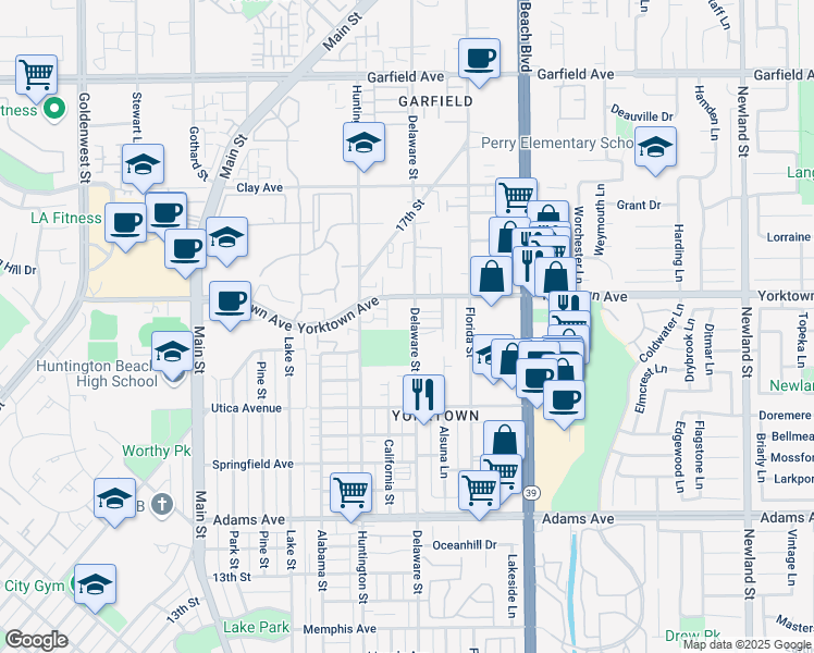 map of restaurants, bars, coffee shops, grocery stores, and more near 2312 Delaware Street in Huntington Beach