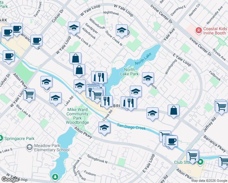 map of restaurants, bars, coffee shops, grocery stores, and more near 21 Lakefront in Irvine