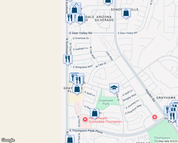 map of restaurants, bars, coffee shops, grocery stores, and more near 21112 North 74th Place in Scottsdale