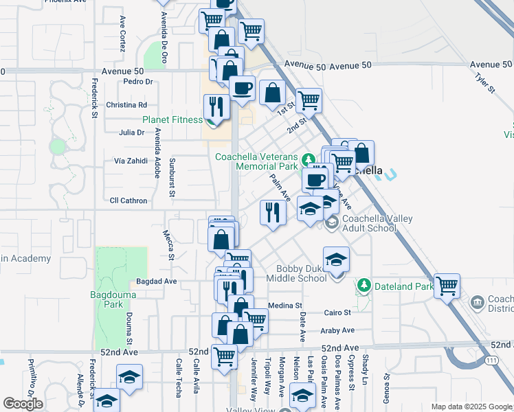 map of restaurants, bars, coffee shops, grocery stores, and more near 1250 4th Street in Coachella
