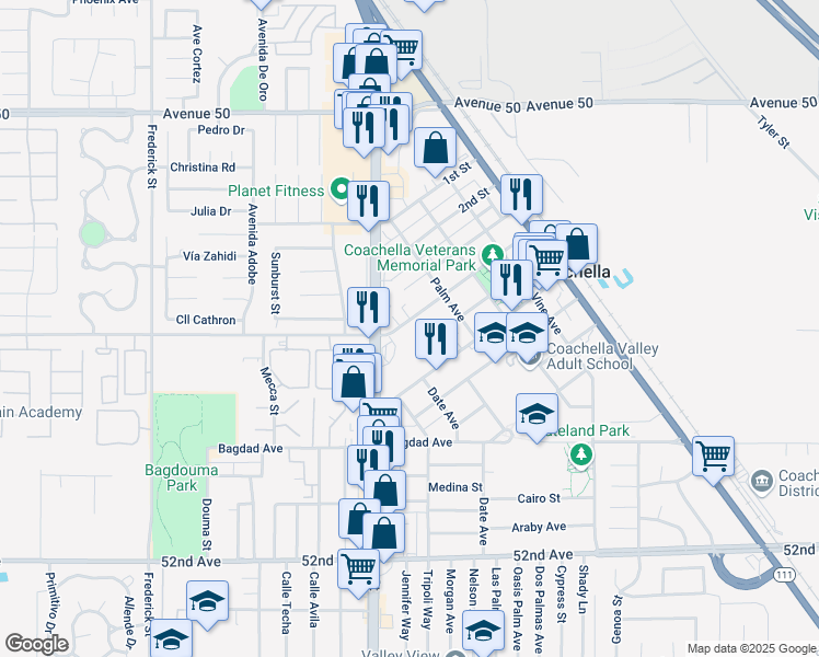 map of restaurants, bars, coffee shops, grocery stores, and more near 1250 4th Street in Coachella