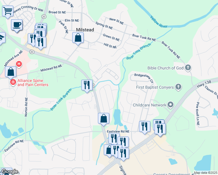 map of restaurants, bars, coffee shops, grocery stores, and more near 1244 Brookside Drive Northeast in Conyers