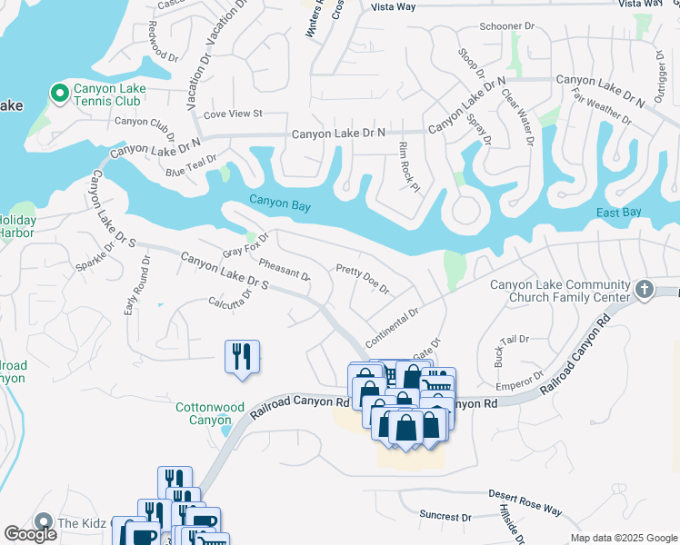 map of restaurants, bars, coffee shops, grocery stores, and more near 23141 Pretty Doe Drive in Canyon Lake
