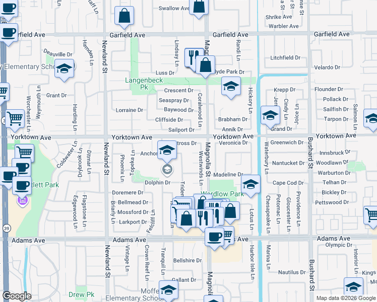 map of restaurants, bars, coffee shops, grocery stores, and more near 8891 Shore Circle in Huntington Beach