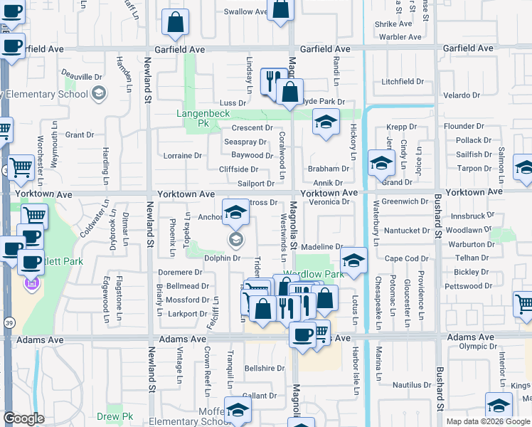 map of restaurants, bars, coffee shops, grocery stores, and more near 8891 Shore Circle in Huntington Beach