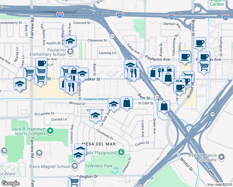 map of restaurants, bars, coffee shops, grocery stores, and more near Vivid Lane in Costa Mesa