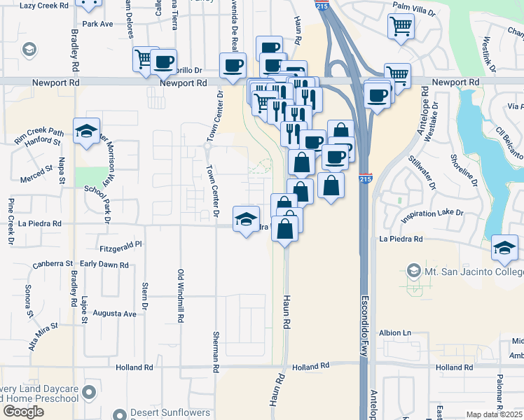 map of restaurants, bars, coffee shops, grocery stores, and more near 30457 Village Knoll Drive in Menifee