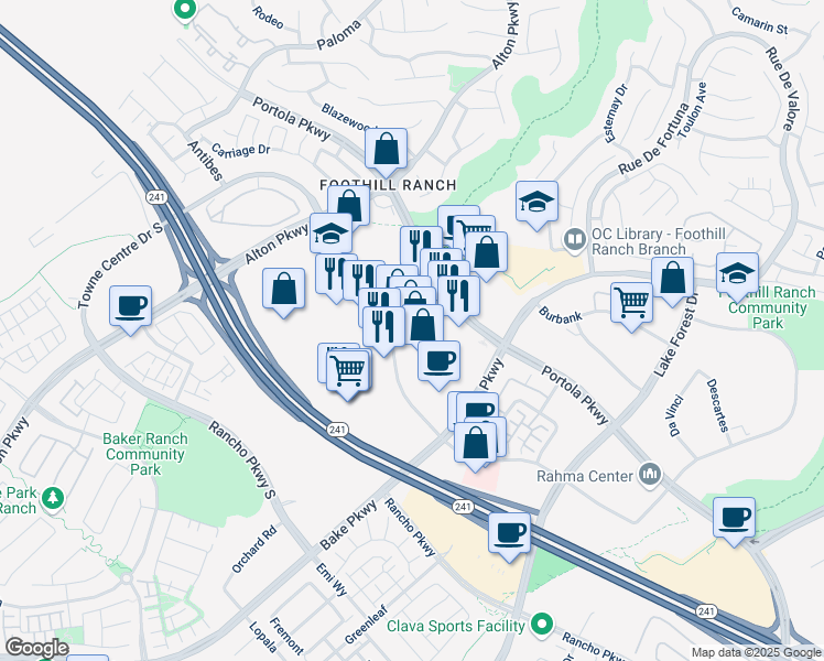 map of restaurants, bars, coffee shops, grocery stores, and more near 26582 Towne Centre Drive in Lake Forest