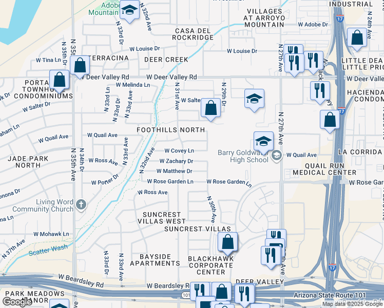 map of restaurants, bars, coffee shops, grocery stores, and more near 3035 West Covey Lane in Phoenix