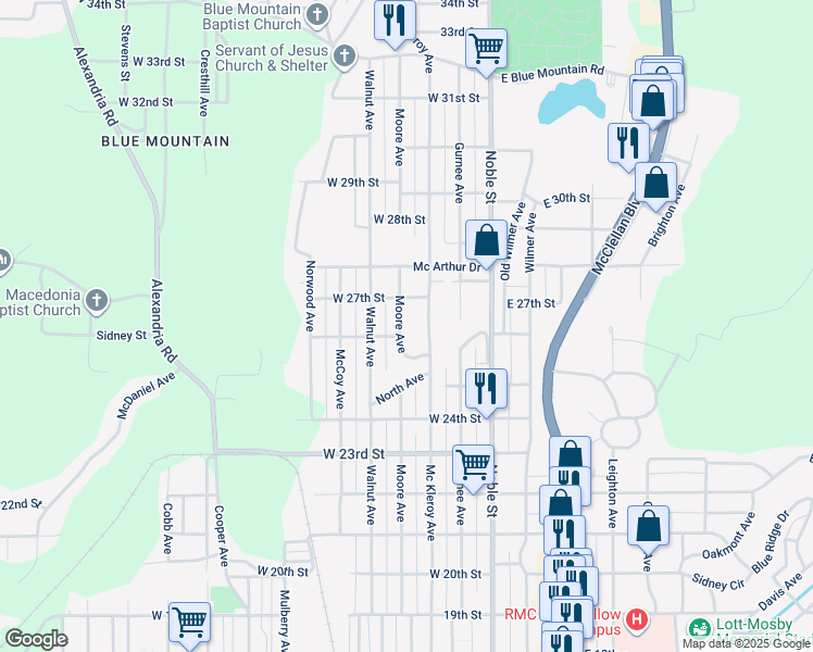 map of restaurants, bars, coffee shops, grocery stores, and more near 2527 Moore Avenue in Anniston