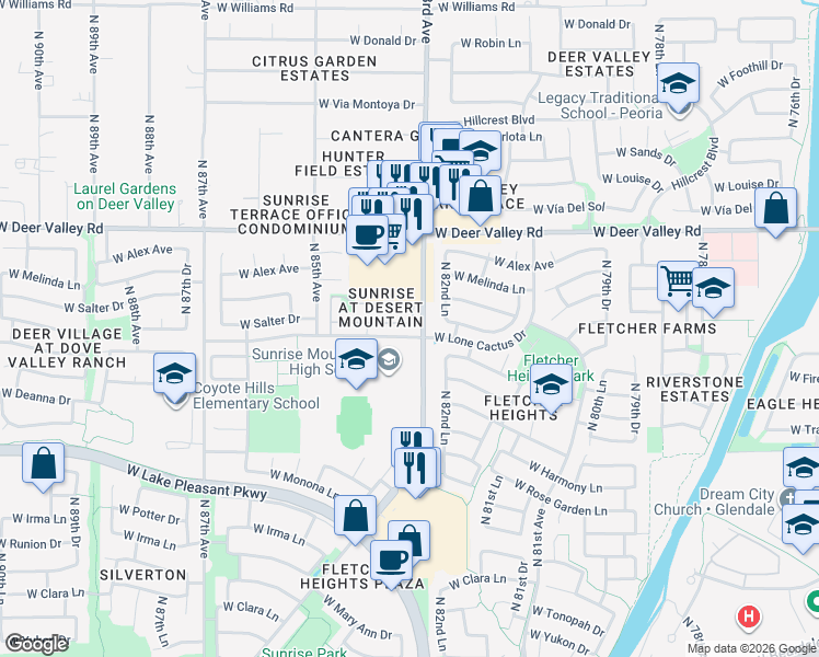 map of restaurants, bars, coffee shops, grocery stores, and more near 8359 West Salter Drive in Peoria