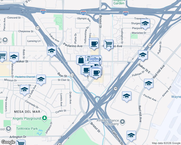 map of restaurants, bars, coffee shops, grocery stores, and more near 2941 Randolph Avenue in Costa Mesa