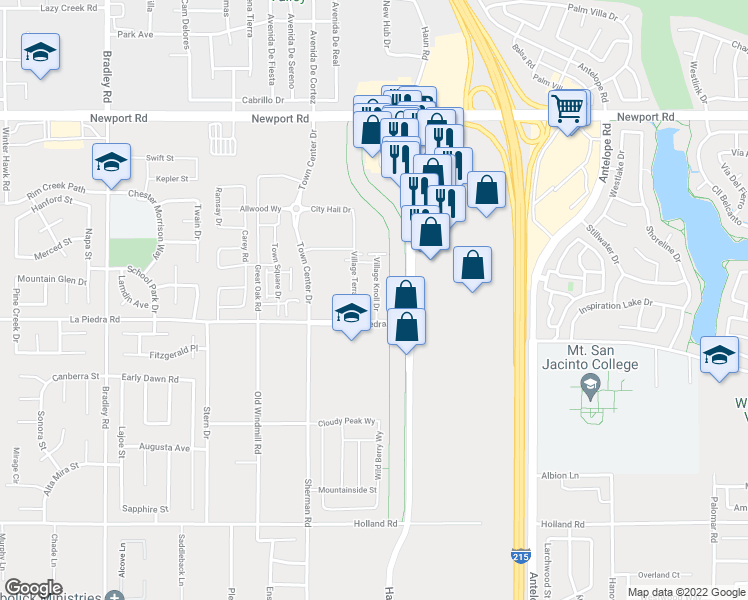 map of restaurants, bars, coffee shops, grocery stores, and more near 30457 Village Knoll Drive in Menifee