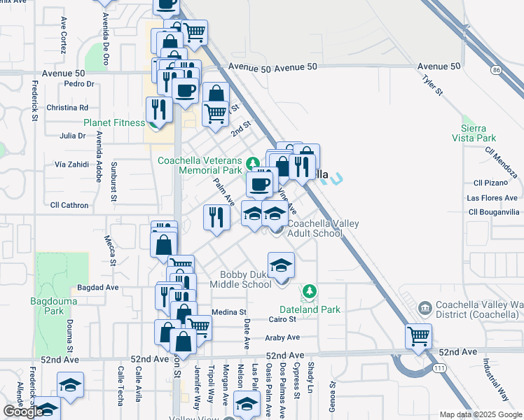 map of restaurants, bars, coffee shops, grocery stores, and more near 1467 7th Street in Coachella