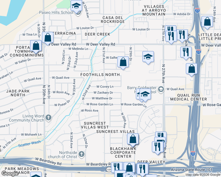 map of restaurants, bars, coffee shops, grocery stores, and more near 3034 West Zachary Drive in Phoenix