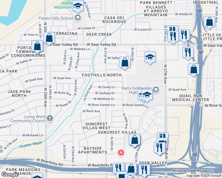 map of restaurants, bars, coffee shops, grocery stores, and more near 3034 West Zachary Drive in Phoenix