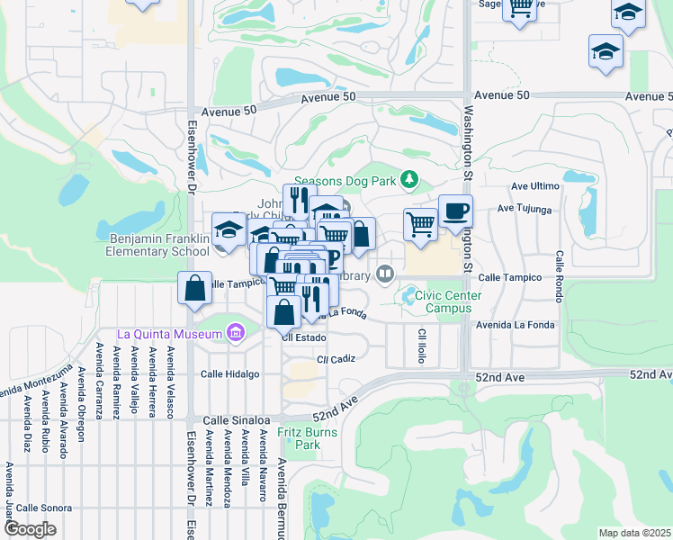 map of restaurants, bars, coffee shops, grocery stores, and more near 78130 Calle Tampico in La Quinta