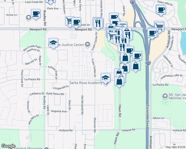 map of restaurants, bars, coffee shops, grocery stores, and more near 30001-30499 Sherman Road in Menifee