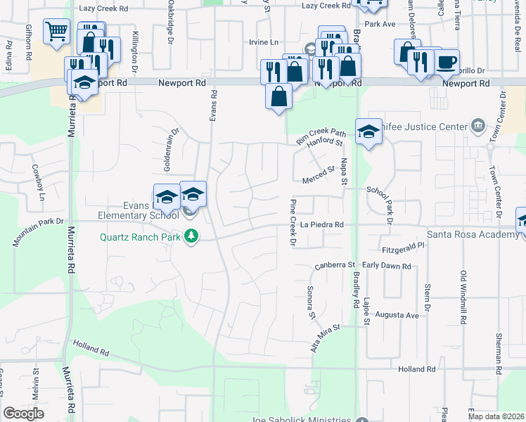 map of restaurants, bars, coffee shops, grocery stores, and more near 26694 Verdant Circle in Menifee