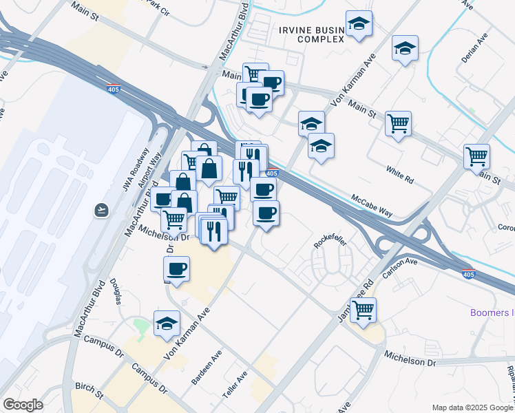 map of restaurants, bars, coffee shops, grocery stores, and more near 18191 Von Karman Avenue in Irvine