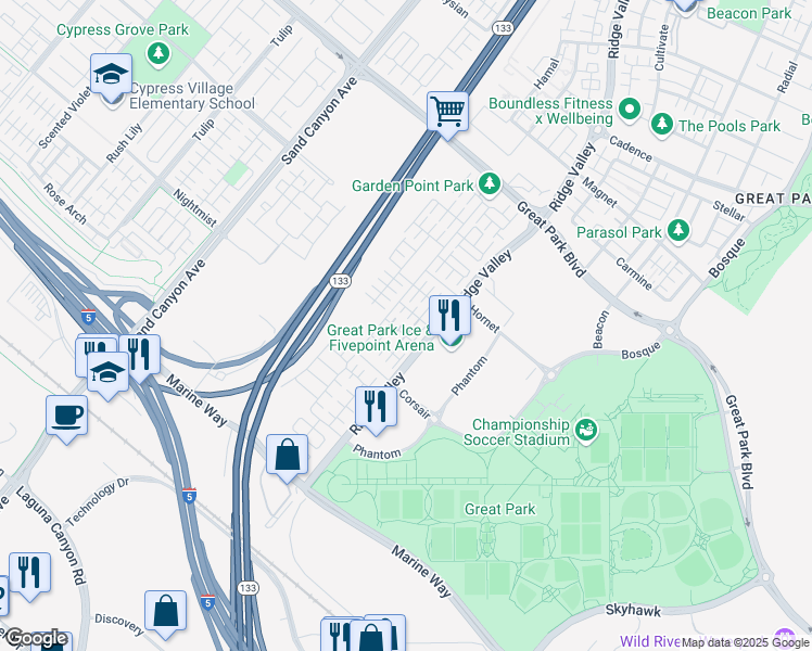 map of restaurants, bars, coffee shops, grocery stores, and more near 122 Copeland in Irvine